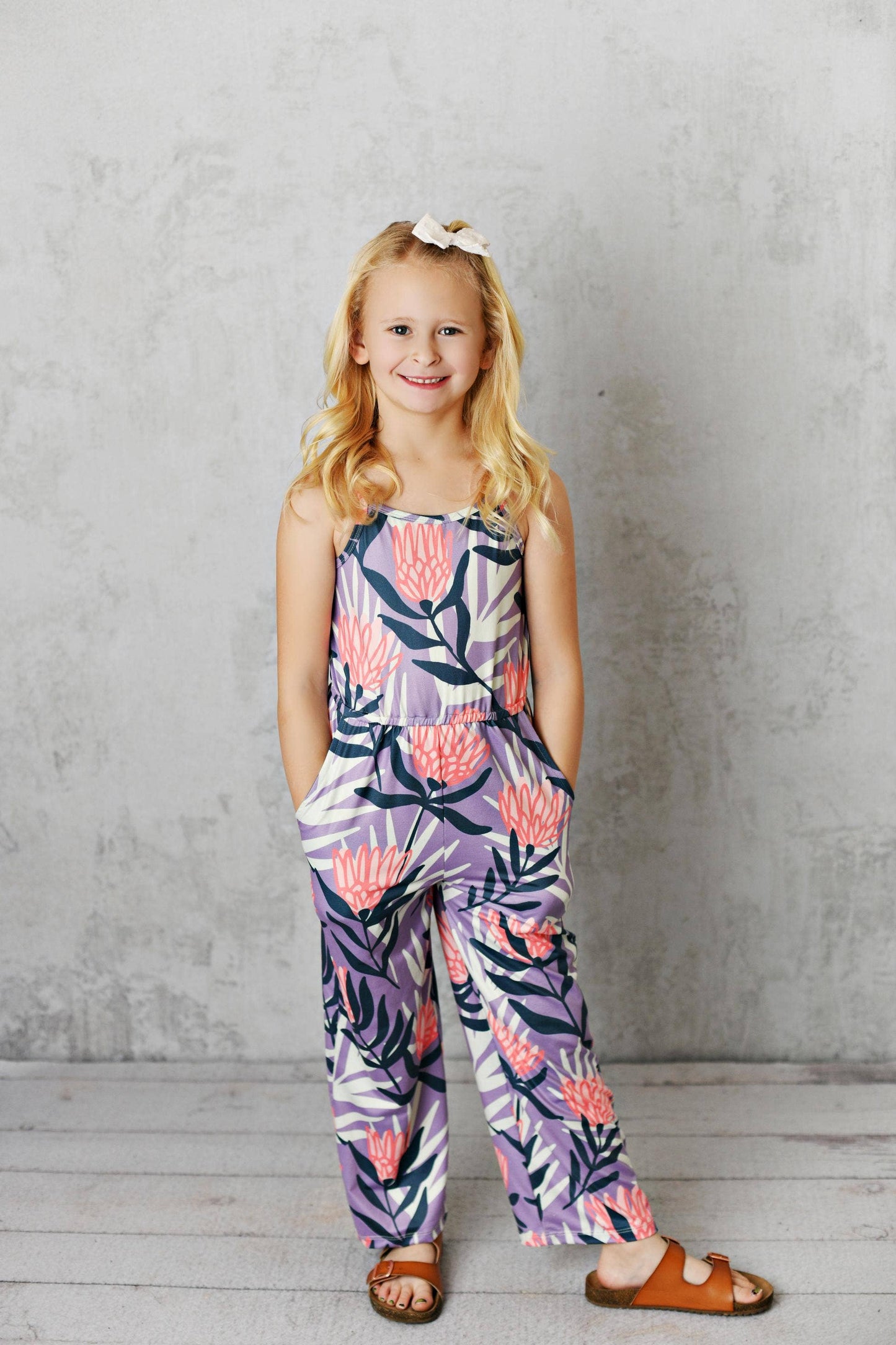 Kids Navy Lavender Floral Spring Summer Jumpsuit With Pocket