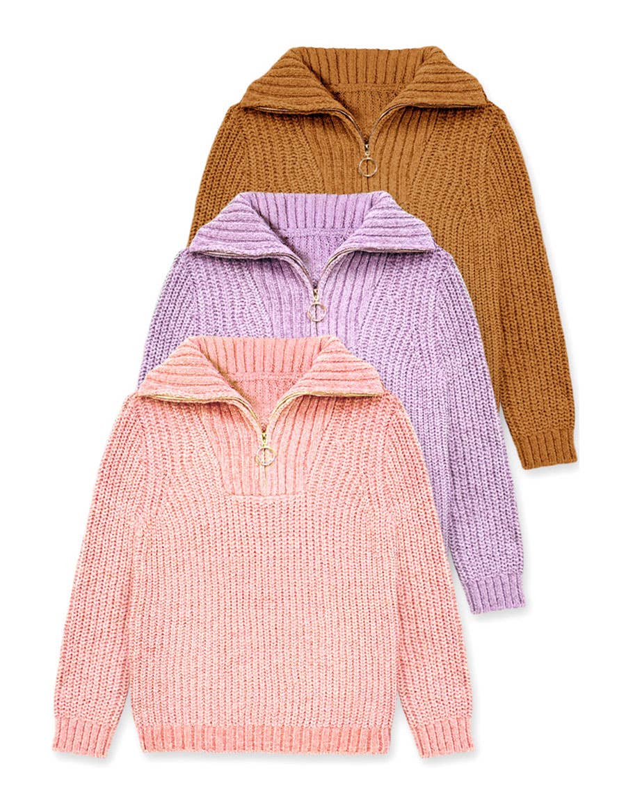 Girl's Pullover Lurex Sweater w/ Zip Front