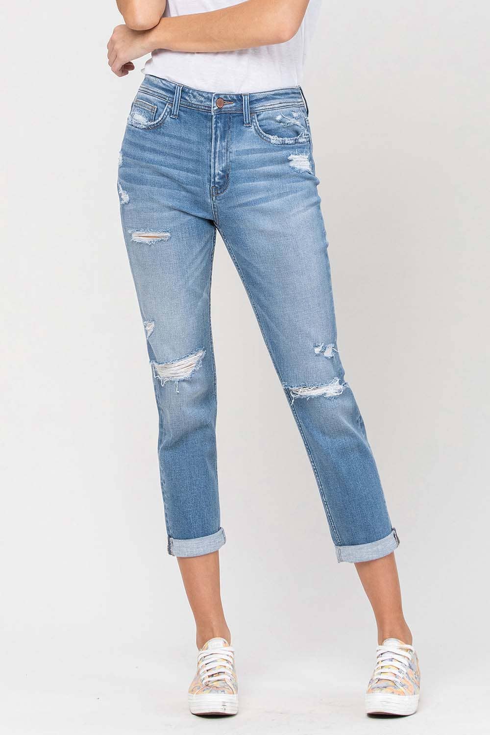 HIGH RISE DISTRESSED CUFFED BOYFRIEND JEANS F4115