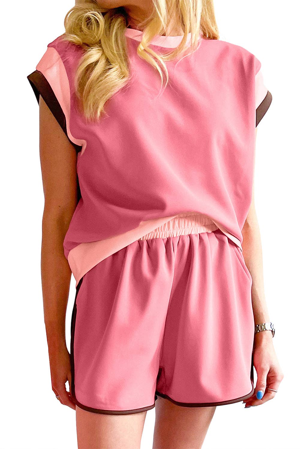 Solid Color Contrast Trim Cap Sleeve two piece Set