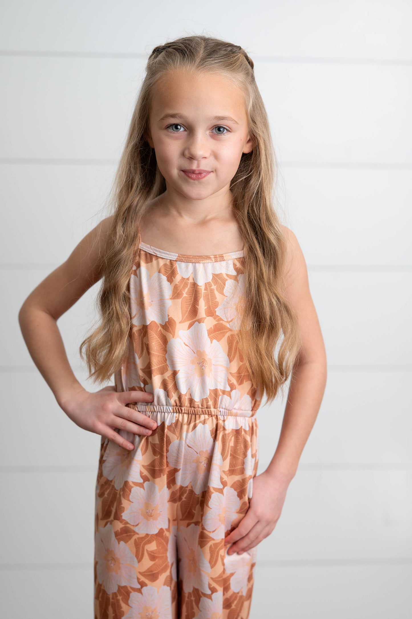 Kids Golden Peach Floral Spring Summer Jumpsuit With Pockets