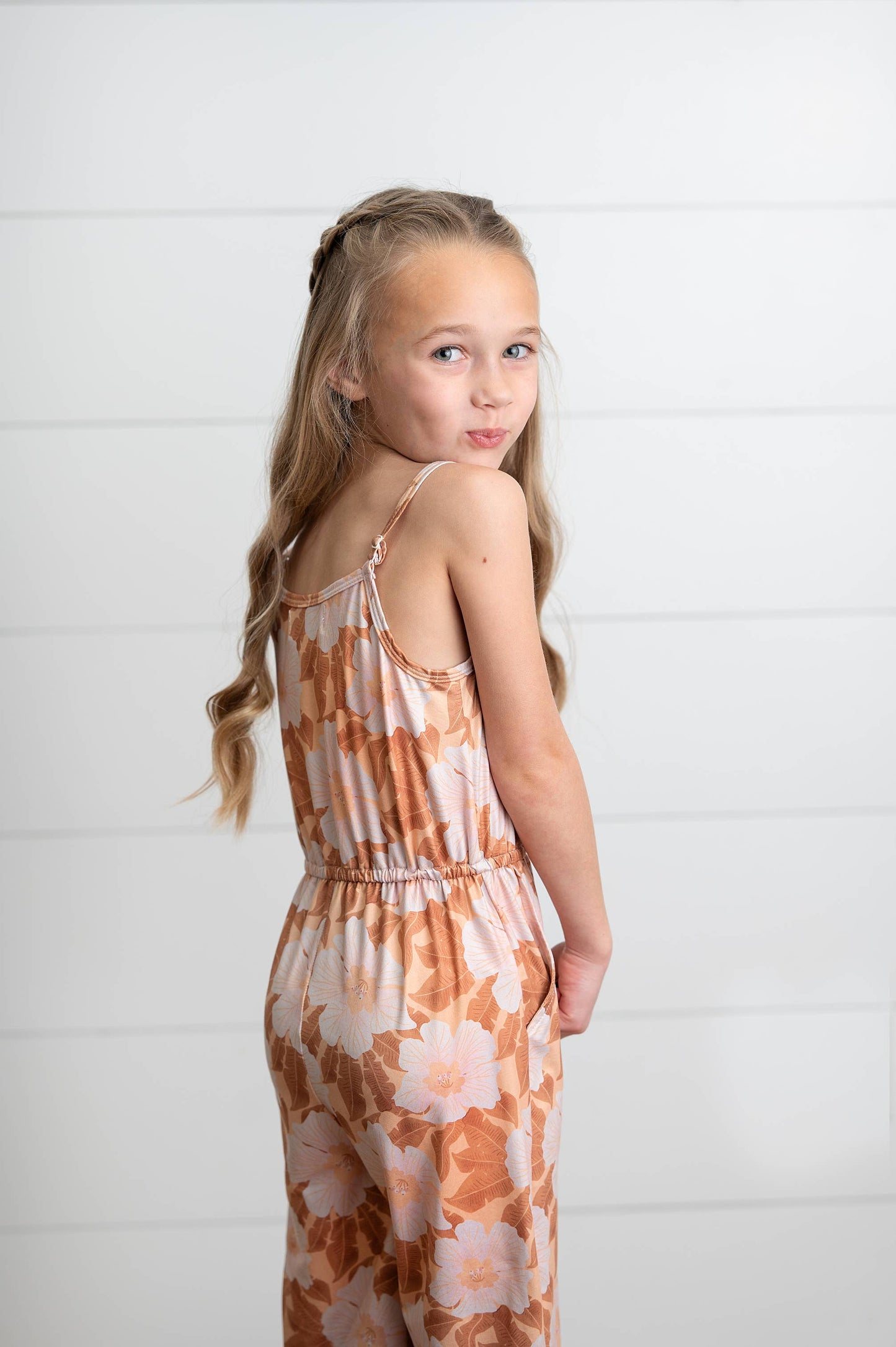 Kids Golden Peach Floral Spring Summer Jumpsuit With Pockets