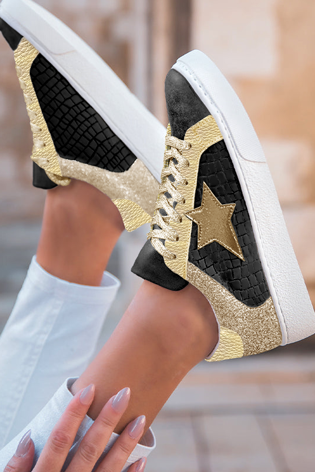 Glitter Star Patchwork PU Leather Lace-up Sneakers