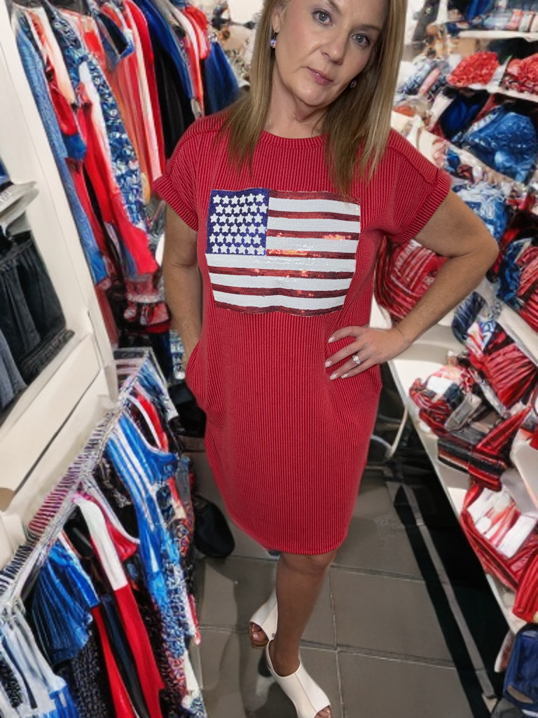 Sequin American Flag Ribbed Dress