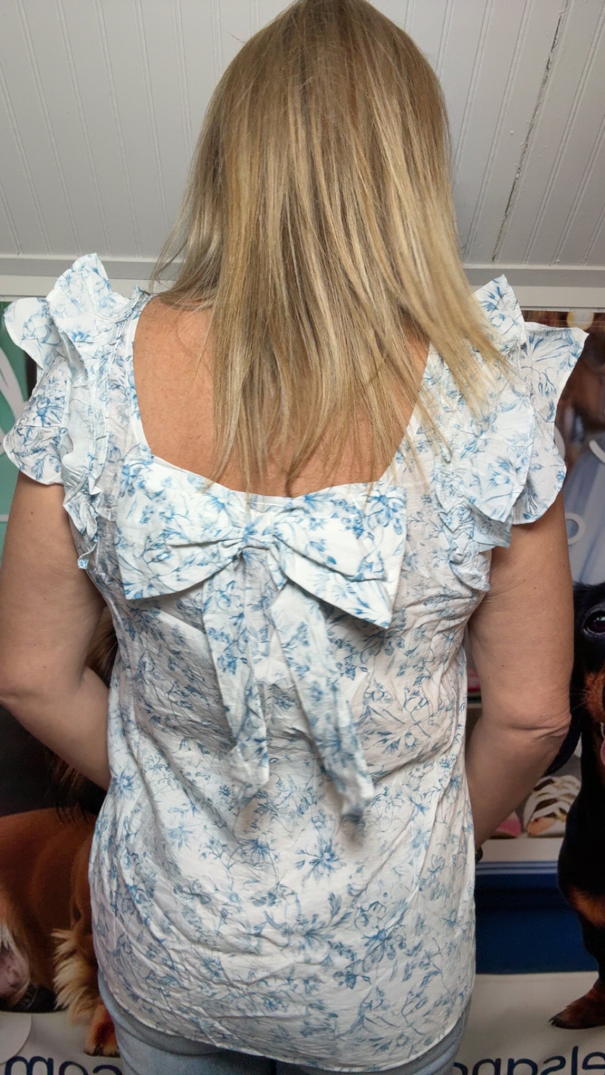 Floral Ruffled Short Sleeve Square Neck Bow Back Blouse