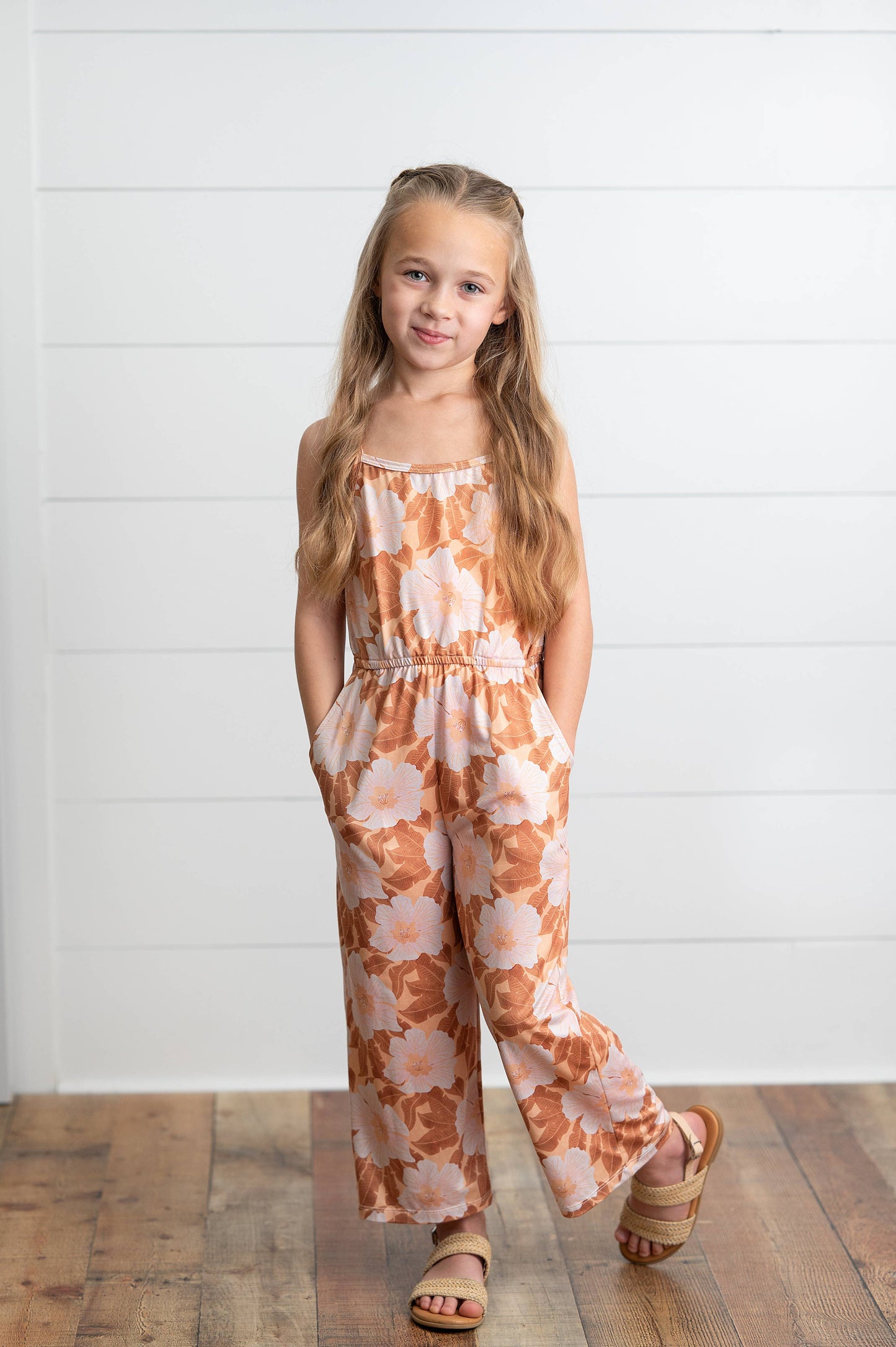Kids Golden Peach Floral Spring Summer Jumpsuit With Pockets