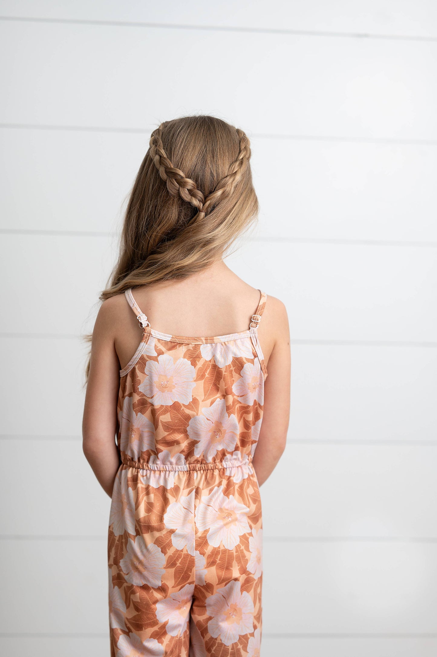 Kids Golden Peach Floral Spring Summer Jumpsuit With Pockets