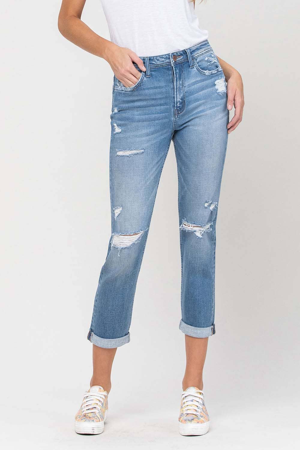 HIGH RISE DISTRESSED CUFFED BOYFRIEND JEANS F4115