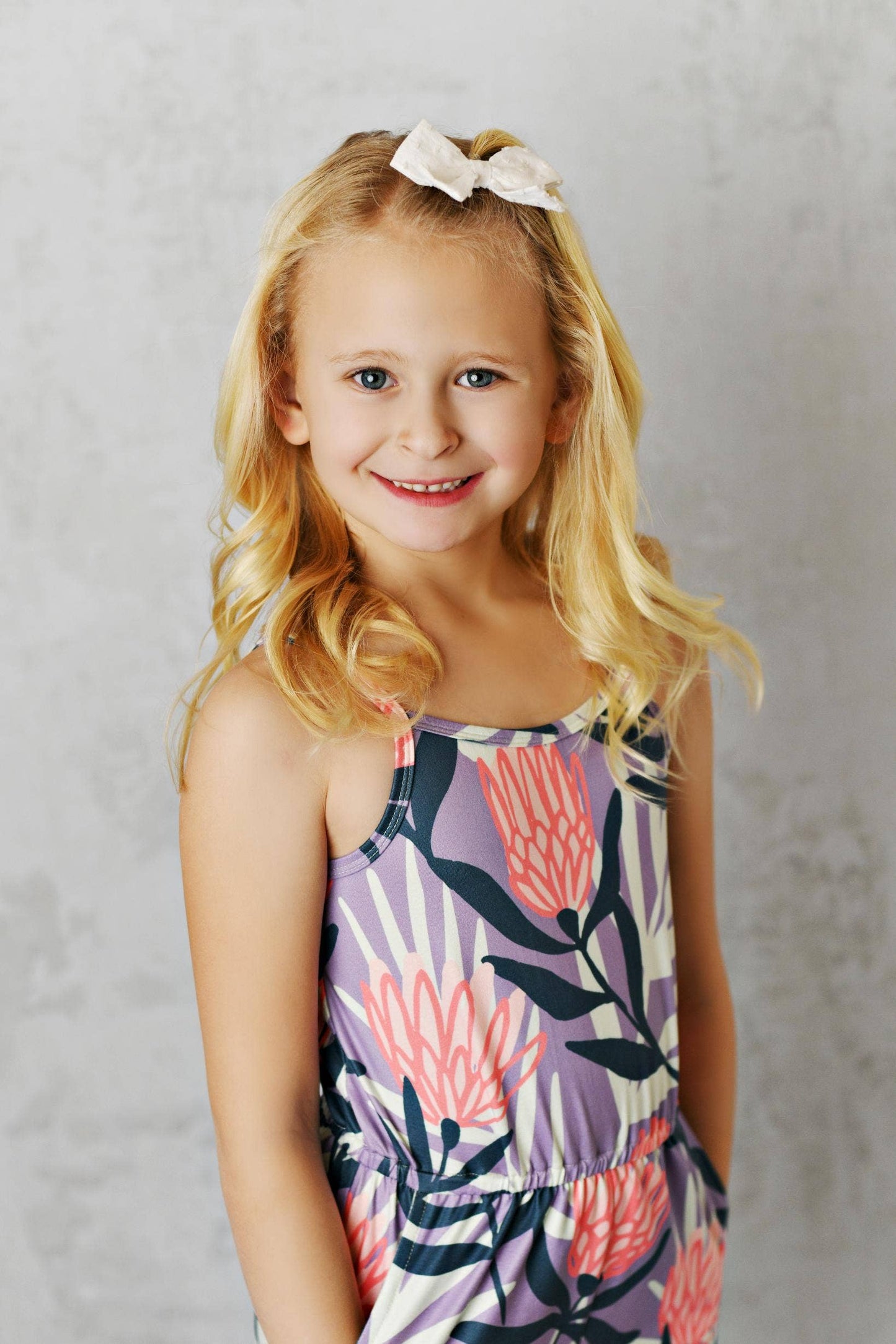 Kids Navy Lavender Floral Spring Summer Jumpsuit With Pocket