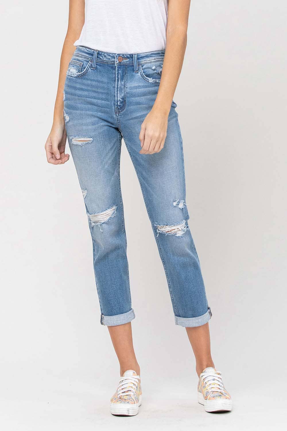 HIGH RISE DISTRESSED CUFFED BOYFRIEND JEANS F4115
