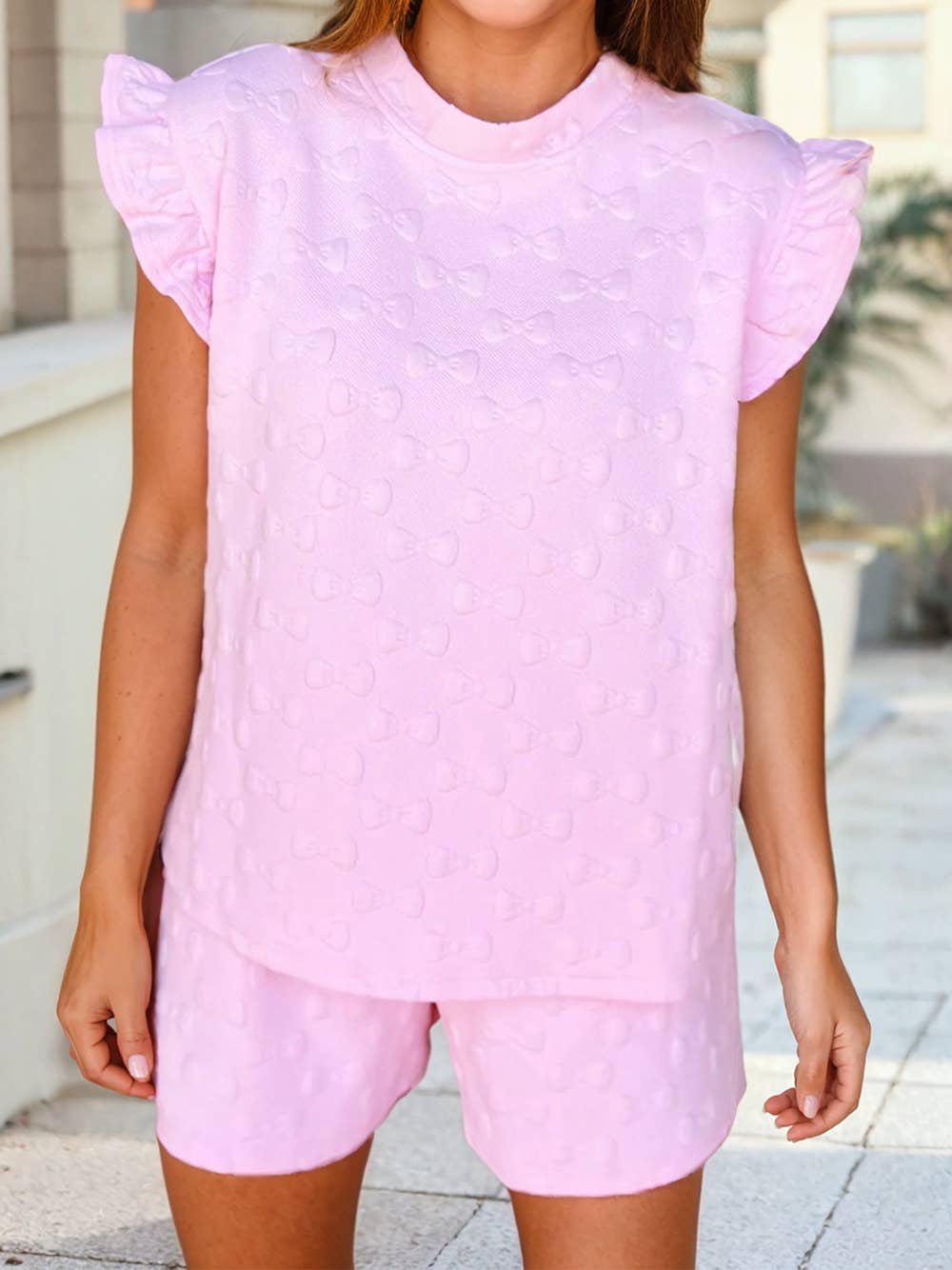 Bow Jacquard Ruffle Sleeve Short 2pcs Outfit