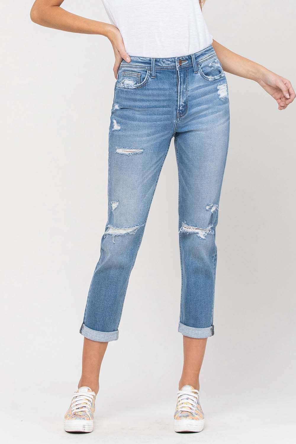 HIGH RISE DISTRESSED CUFFED BOYFRIEND JEANS F4115