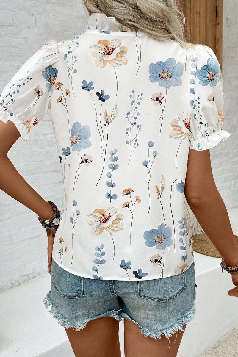 RUFFLED V-NECK PRINTED PUFF SLEEVE SHIRT