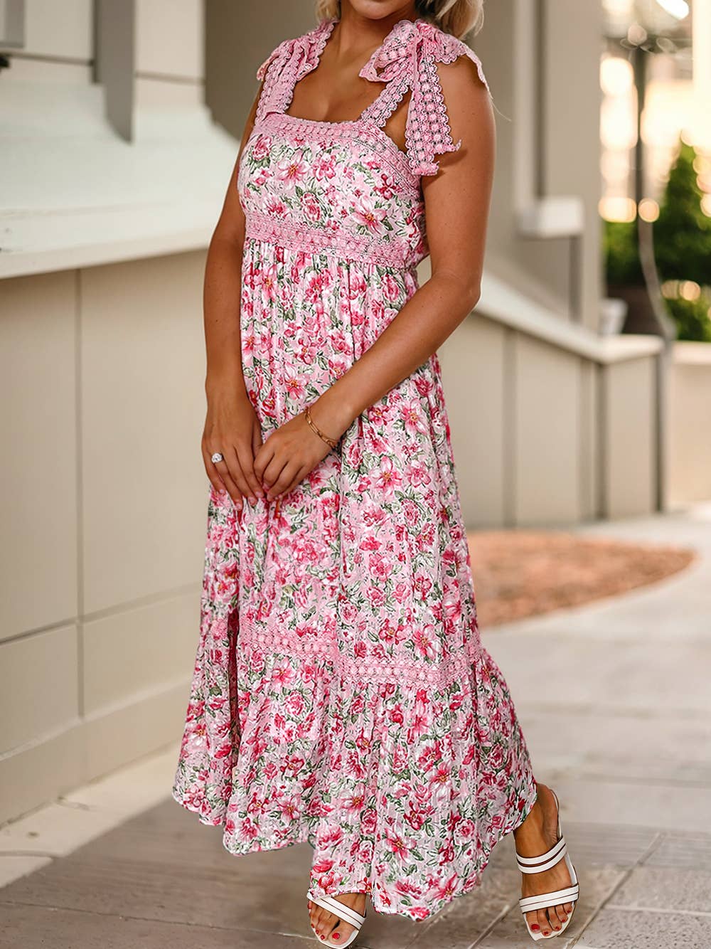 Floral Lace Tied Strap Empire Waist Maxi Dress