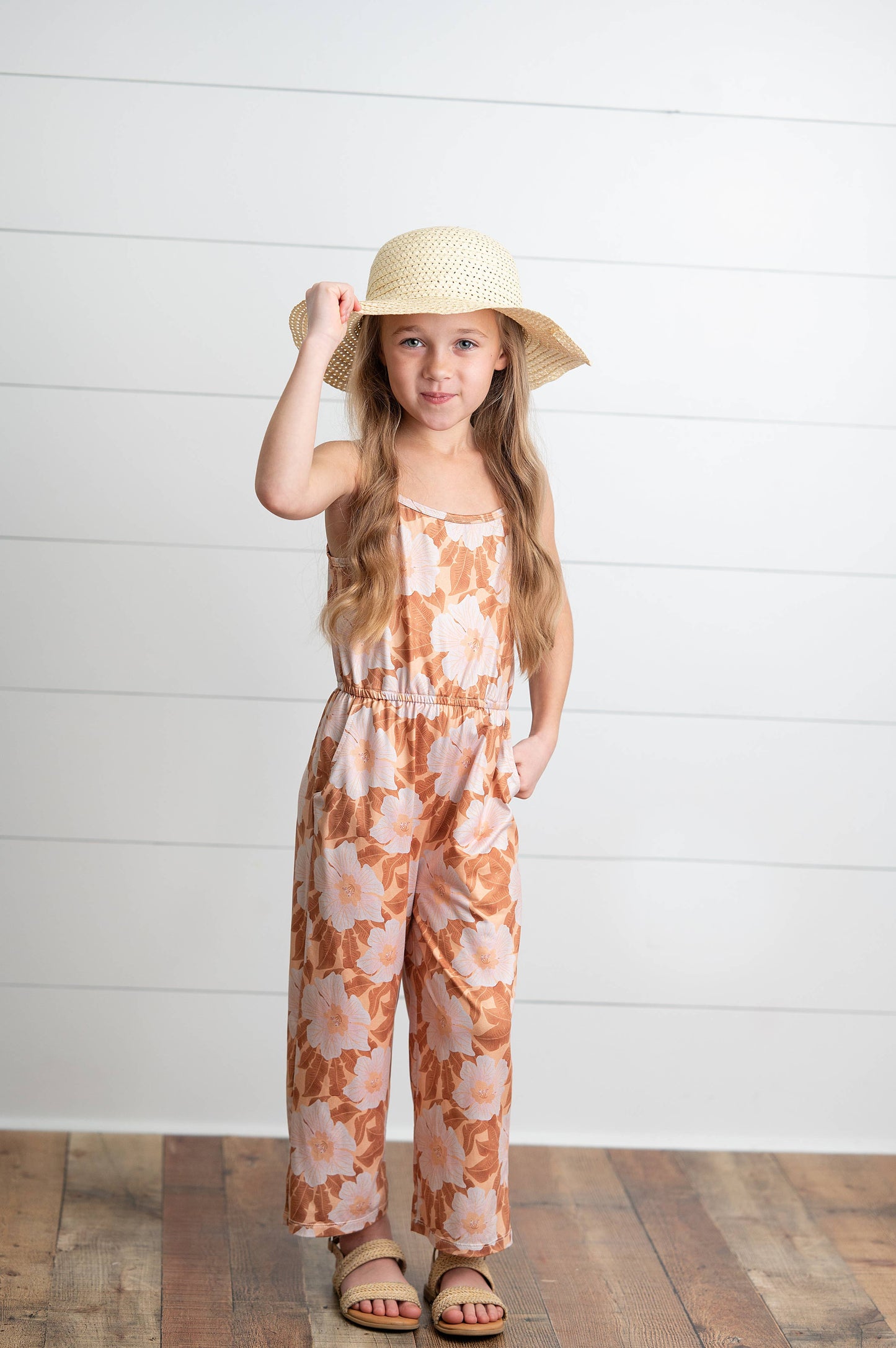Kids Golden Peach Floral Spring Summer Jumpsuit With Pockets