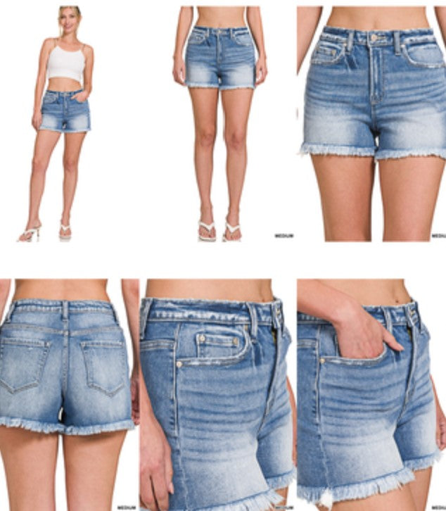 Zenana Mid rise raw frayed hem denim shorts-long light
