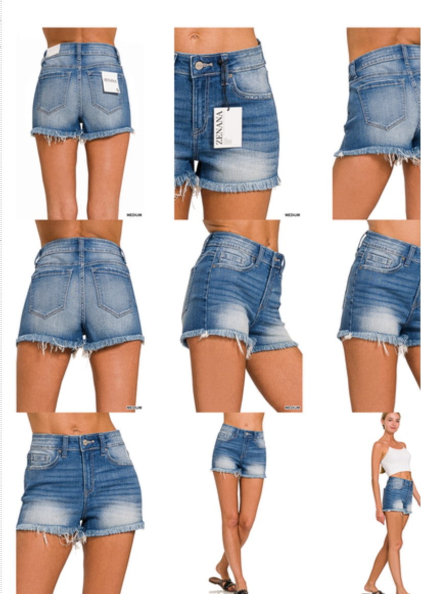 Zenana Mid rise raw frayed hem medium denim short-dark