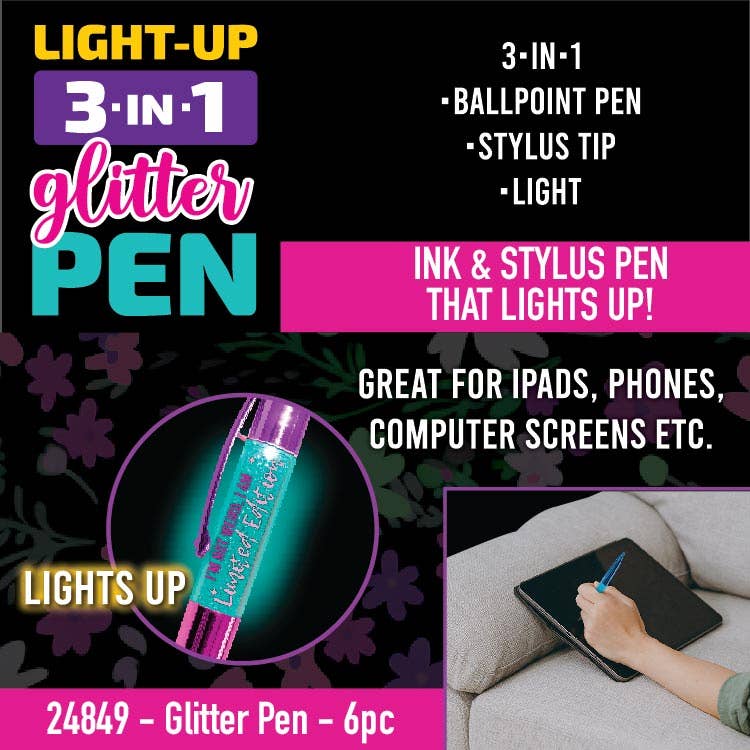 Light-Up 3-IN-1 Glitter Pen Stylus Assortment - 6/Pack