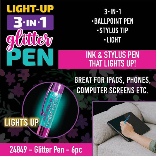Light-Up 3-IN-1 Glitter Pen Stylus Assortment - 6/Pack
