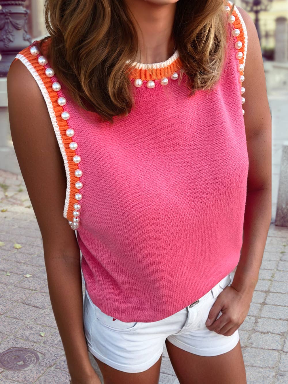 Pearl Embellished Contrast Trim Sleeveless Knit Top