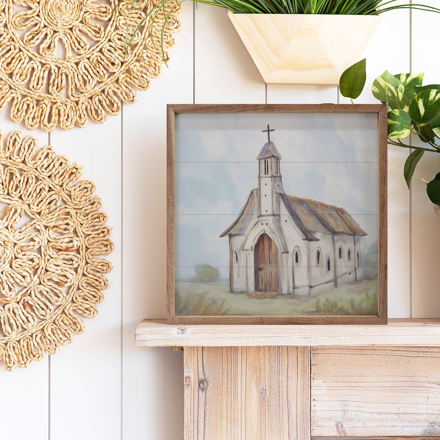 Old White Country Church Brown Door