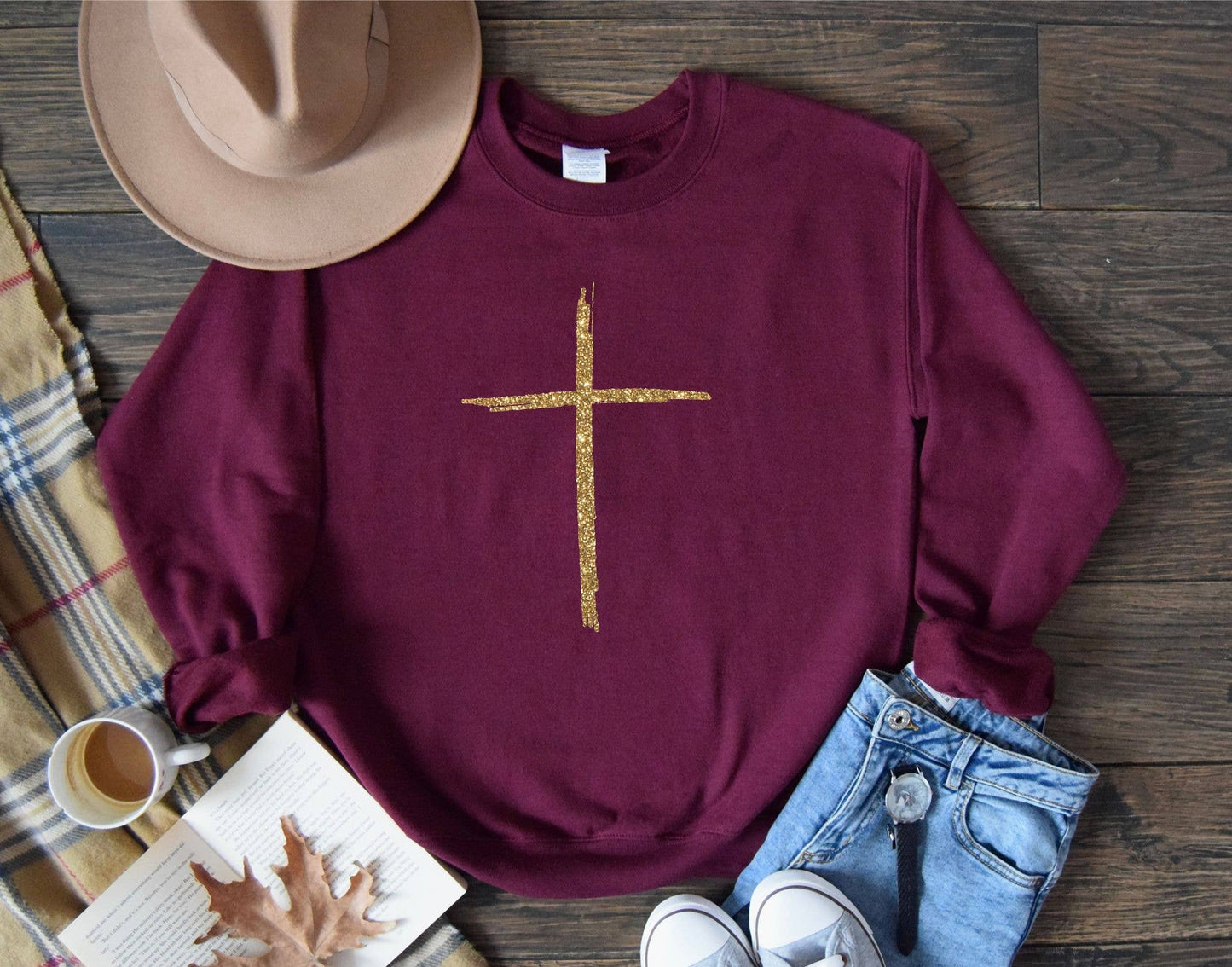 Fall Gold Cross Maroon Cozy Faith Graphic Tee Sweatshirt