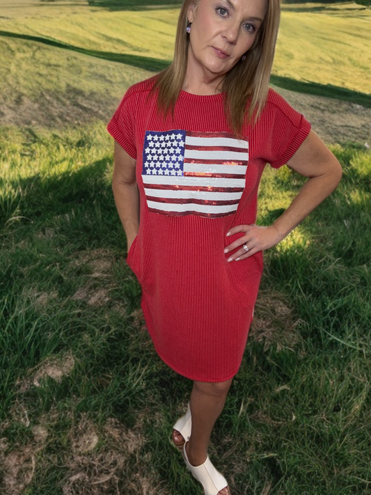 Sequin American Flag Ribbed Dress