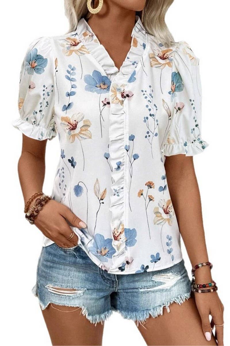 RUFFLED V-NECK PRINTED PUFF SLEEVE SHIRT