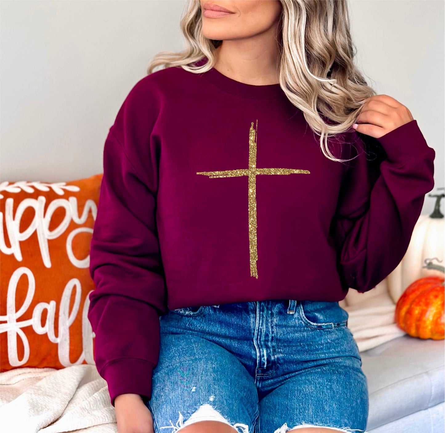 Fall Gold Cross Maroon Cozy Faith Graphic Tee Sweatshirt