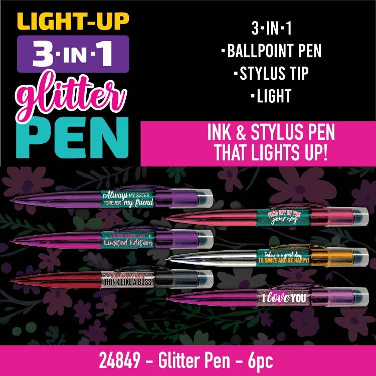 Light-Up 3-IN-1 Glitter Pen Stylus Assortment - 6/Pack
